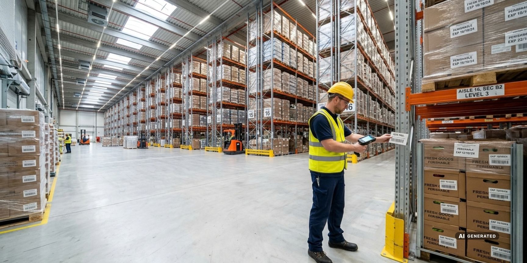 Logistikmitarbeiter scannt Lebensmittel-Paletten in einem modernen Hochregallager in Deutschland. Visualisiert effiziente FEFO-Lagerlogistik ohne Text.